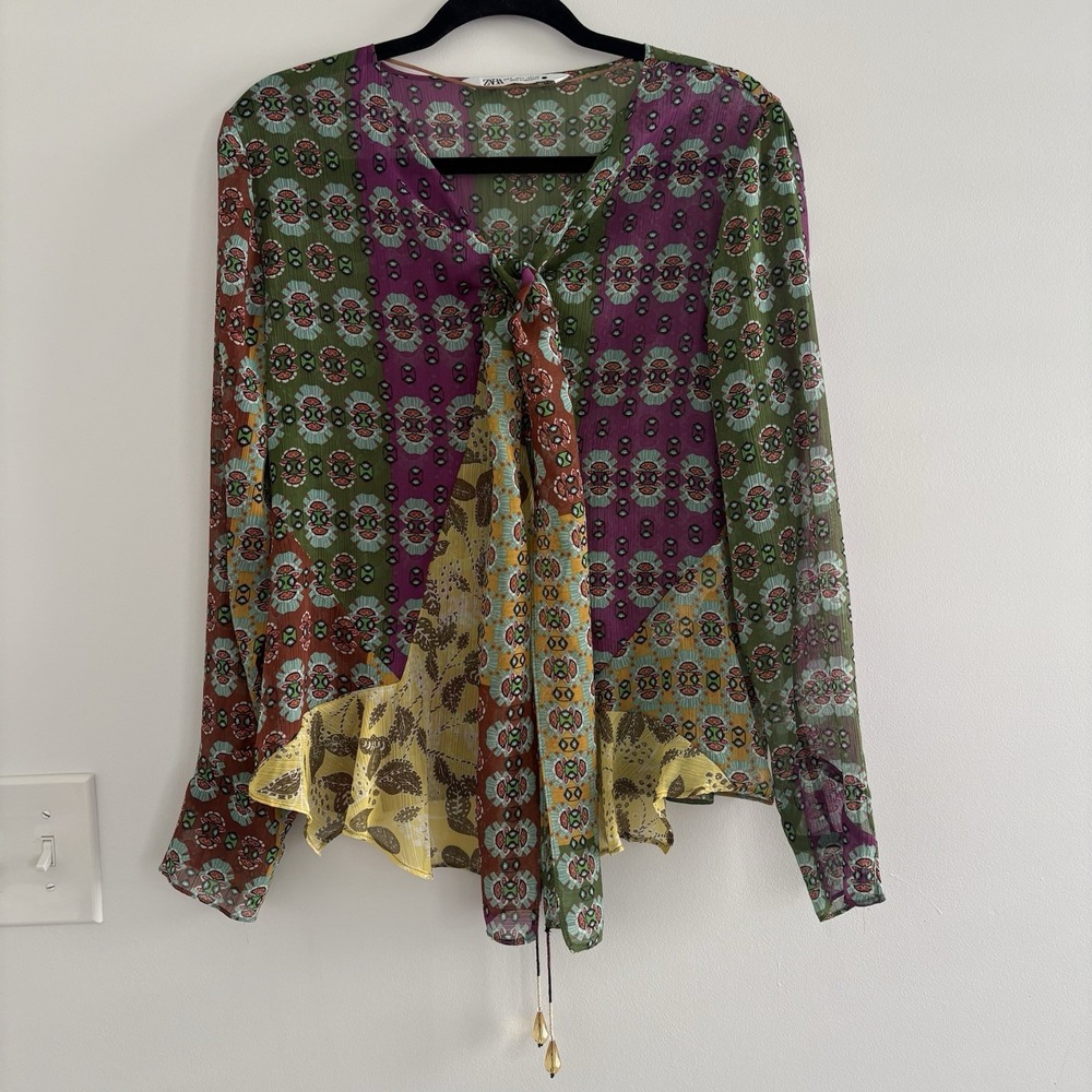 Zara Patchwork Floral Tie Neck Blouse Long Sleeve Boho Women's Size Large Sheer